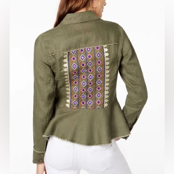 INC Green Linen Peplum Embroidered Jacket Size‎ L - Picture 1 of 10